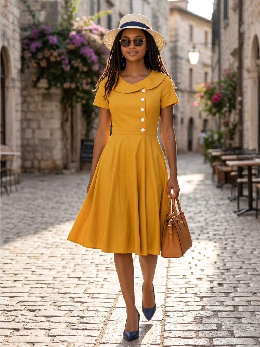 Women's Mustard Midi Fit-and-Flare Dress with Decorative Buttons